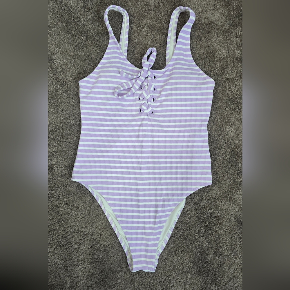 Striped Purple and White Kids Swimsuit